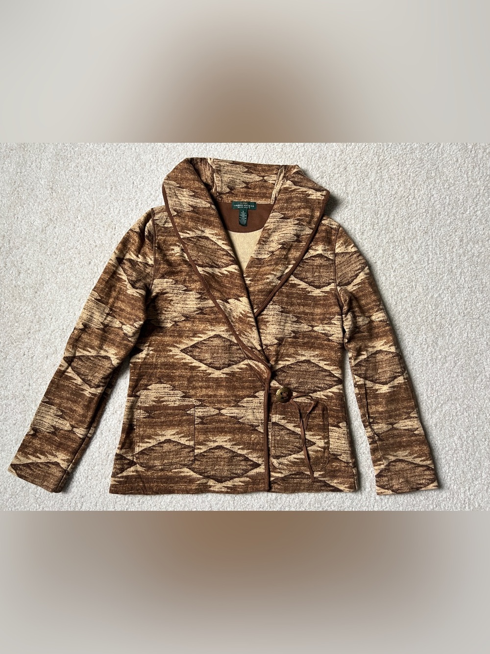 LRL Ralph Lauren Womens S Cotton Brown Aztec Shawl Collar Concho Jacket Y2K VtG
